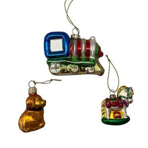 Vintage Bundle of 3 Christmas Glass Ornaments Colorful Metallic Dog Train Horse